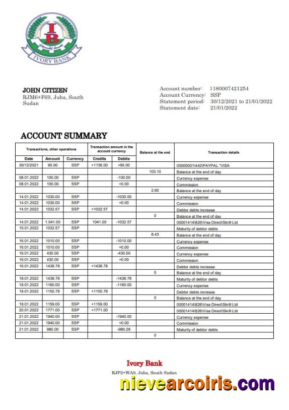 South Sudan Ivory Bank statement